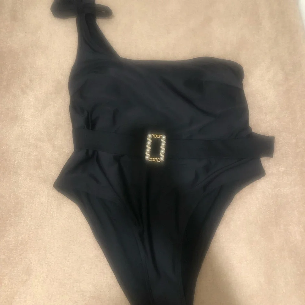 Pearls  and bling Decor One Shoulder One Piece Swimsuit plus size  size 16/18